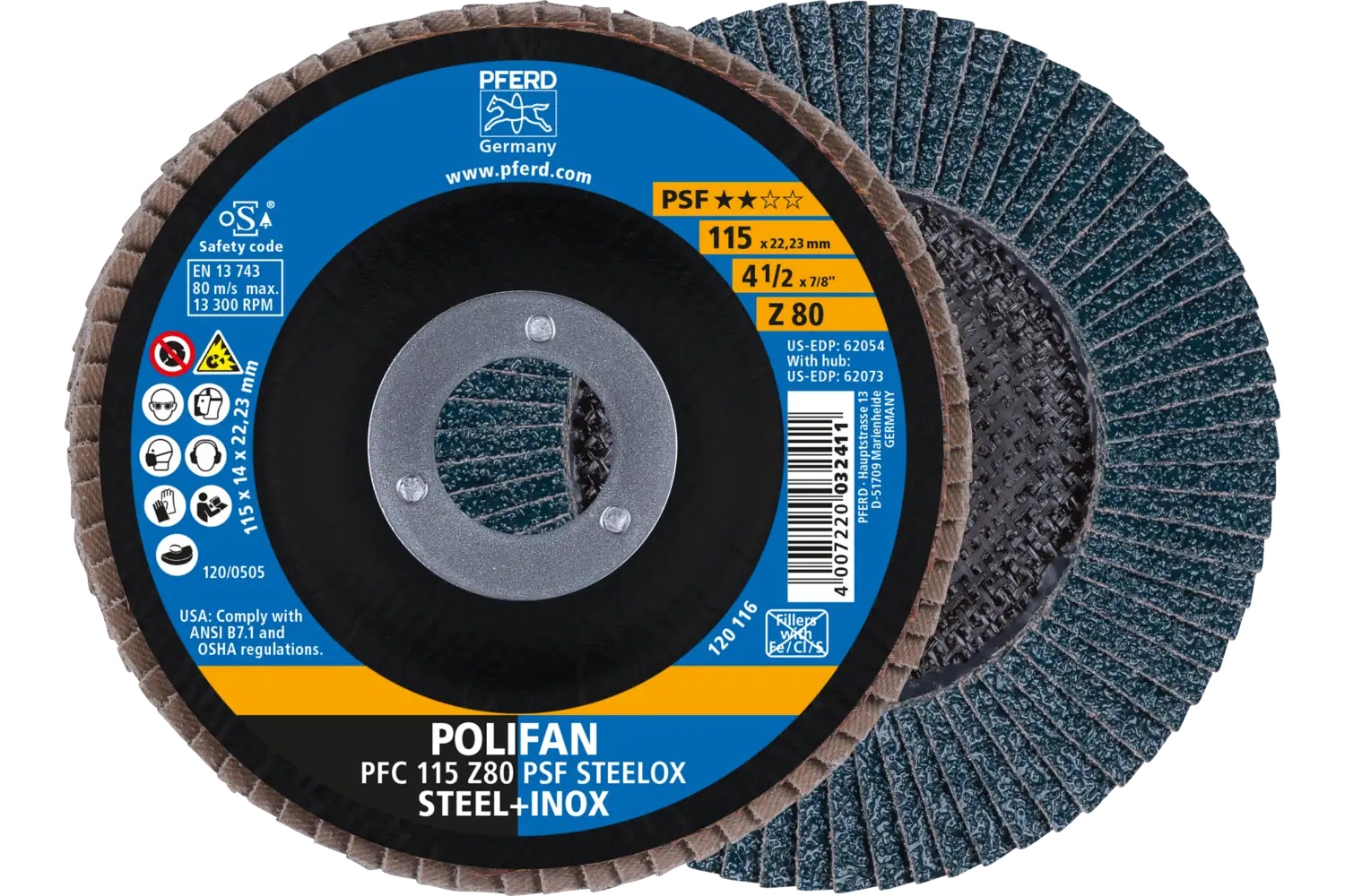 Picture of Pferd Flap Disc, 4-1/2" x 7/8, Z PSF Steelox, 80 Grit, T29, Conical, Zirconia